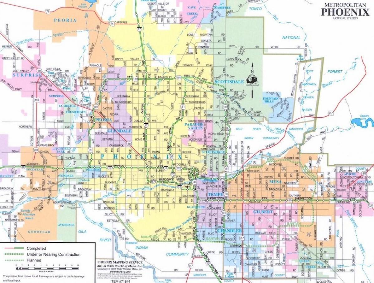 kaart van Phoenix in Arizona en de omliggende gebieden